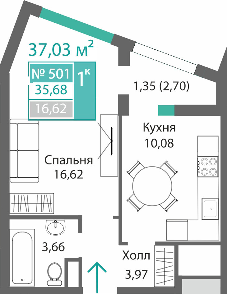 Планировка: 1-комнатная · 35,68 м²