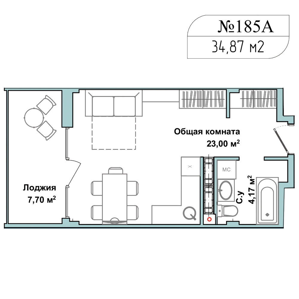 Планировка: Студия · 34,1 м²