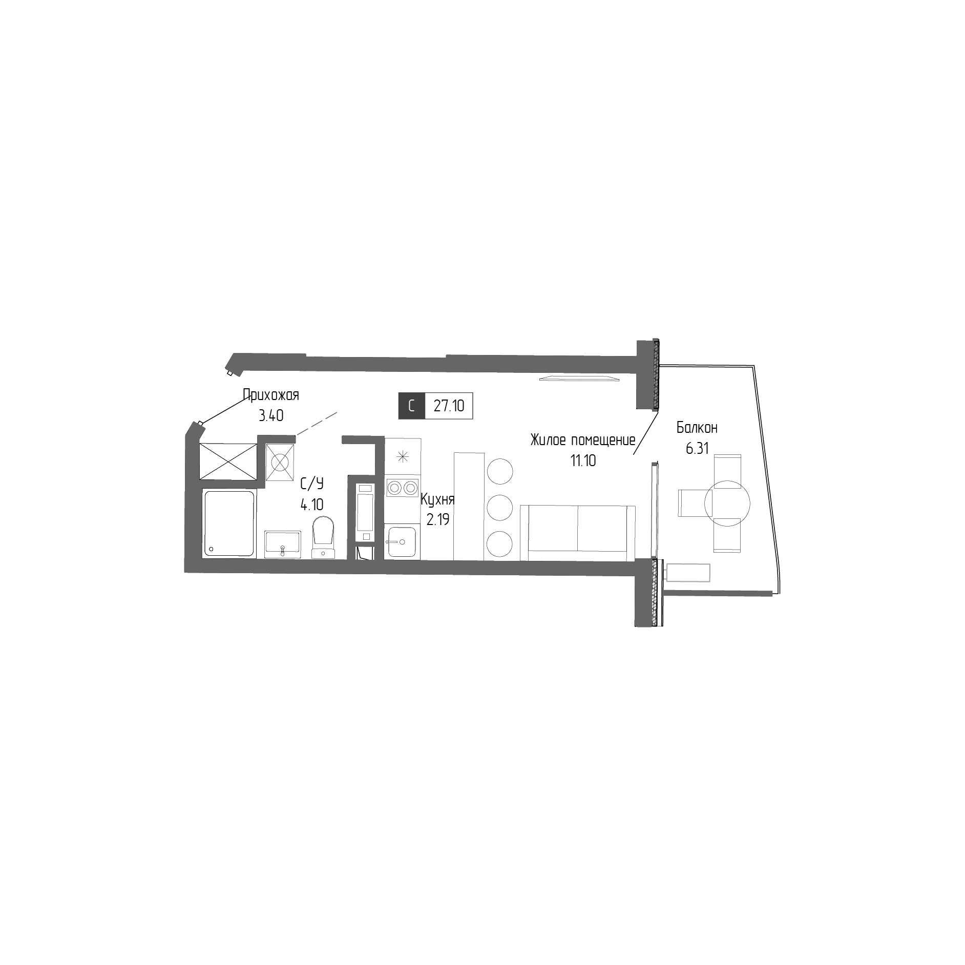 Планировка: Студия · 27,1 м²