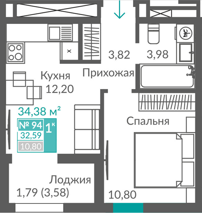 Планировка: 1-комнатная · 32,59 м²