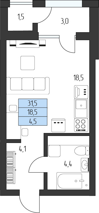 Планировка: Студия · 28,95 м²