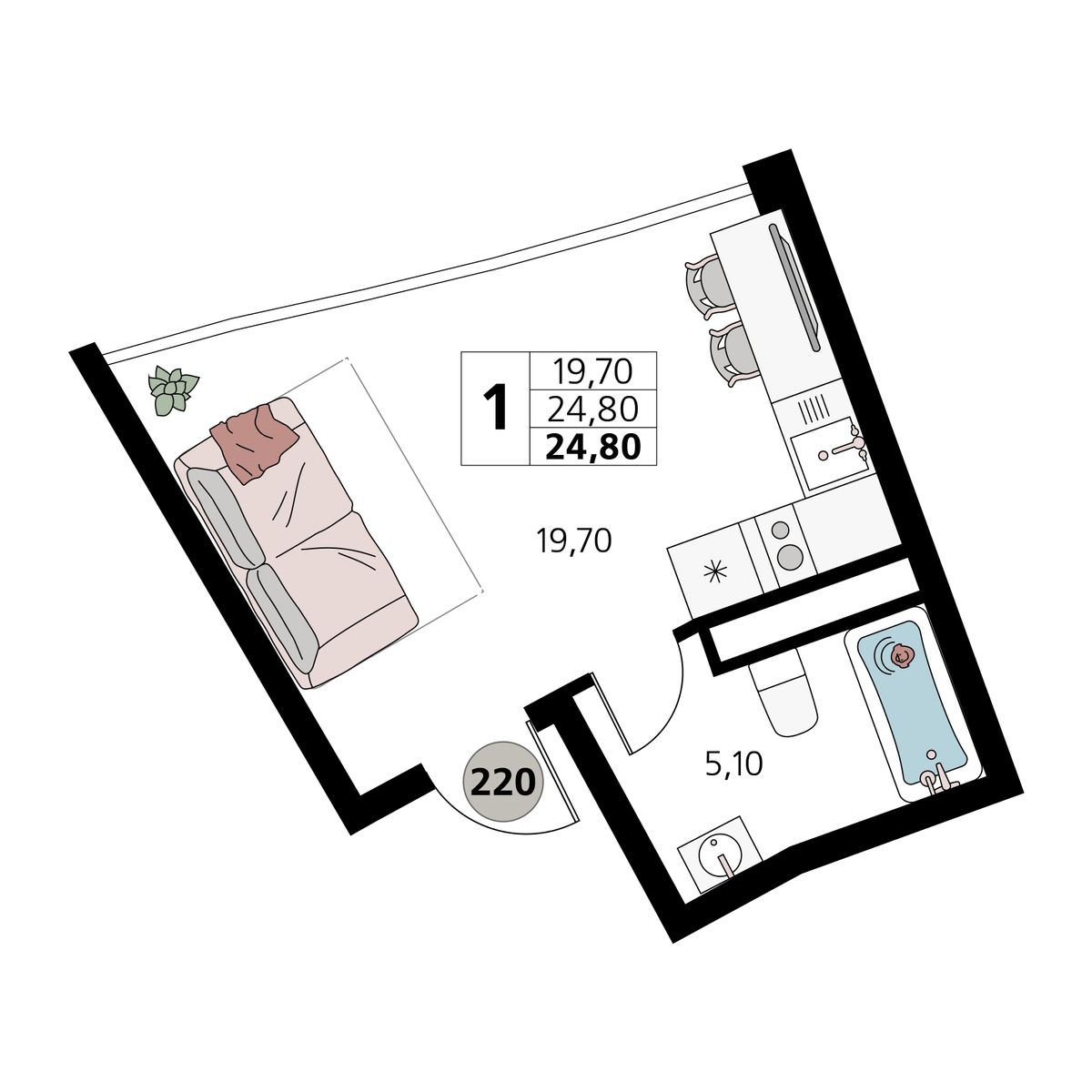 Планировка: 1-комнатная · 24,8 м²