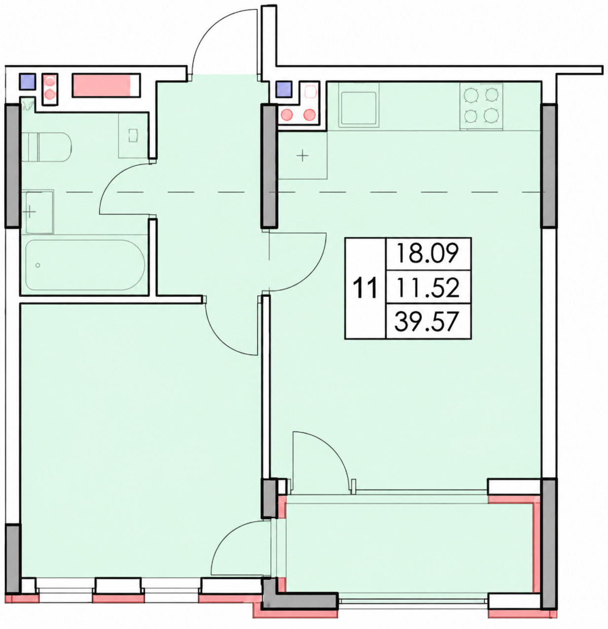 Планировка: Студия · 39,56 м²
