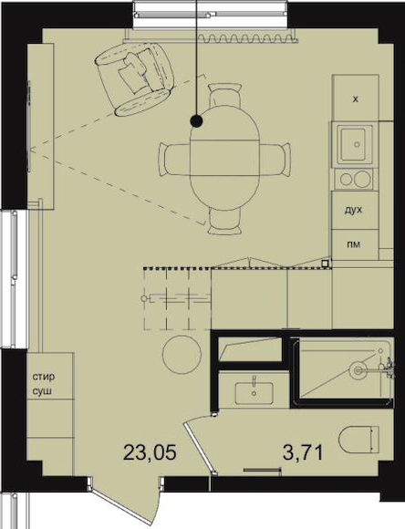 Планировка: 1-комнатная · 49 м²