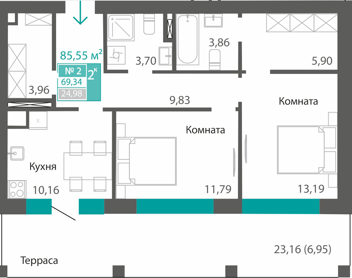 Планировка: 2-комнатная · 69,34 м²