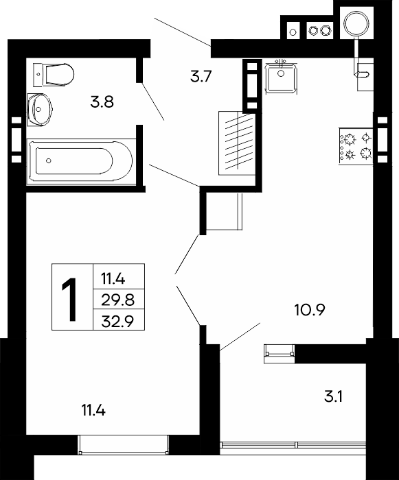 Планировка: 1-комнатная · 32,9 м²