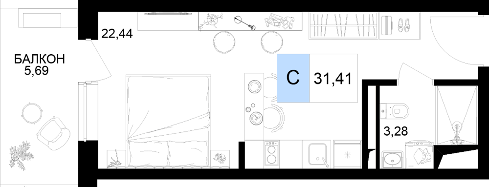 Планировка: Студия · 31,41 м²
