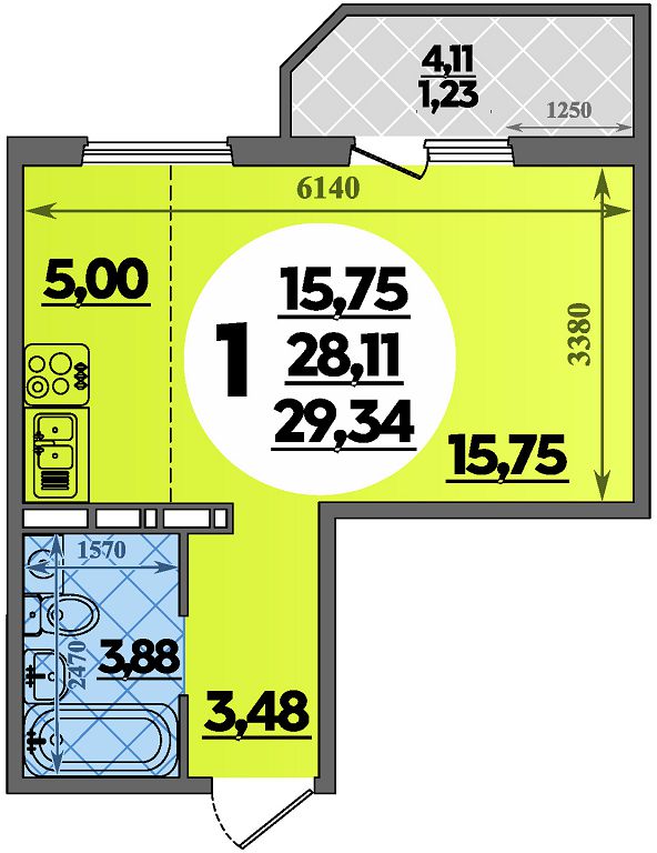 Планировка: Студия · 29,34 м²