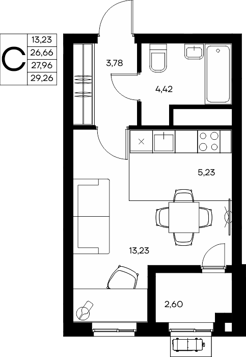 Планировка: Студия · 29,03 м²