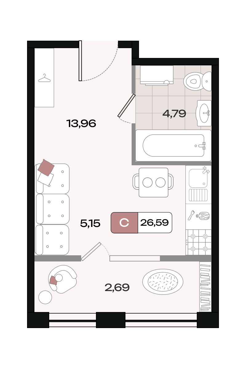 Планировка: Студия · 26,59 м²