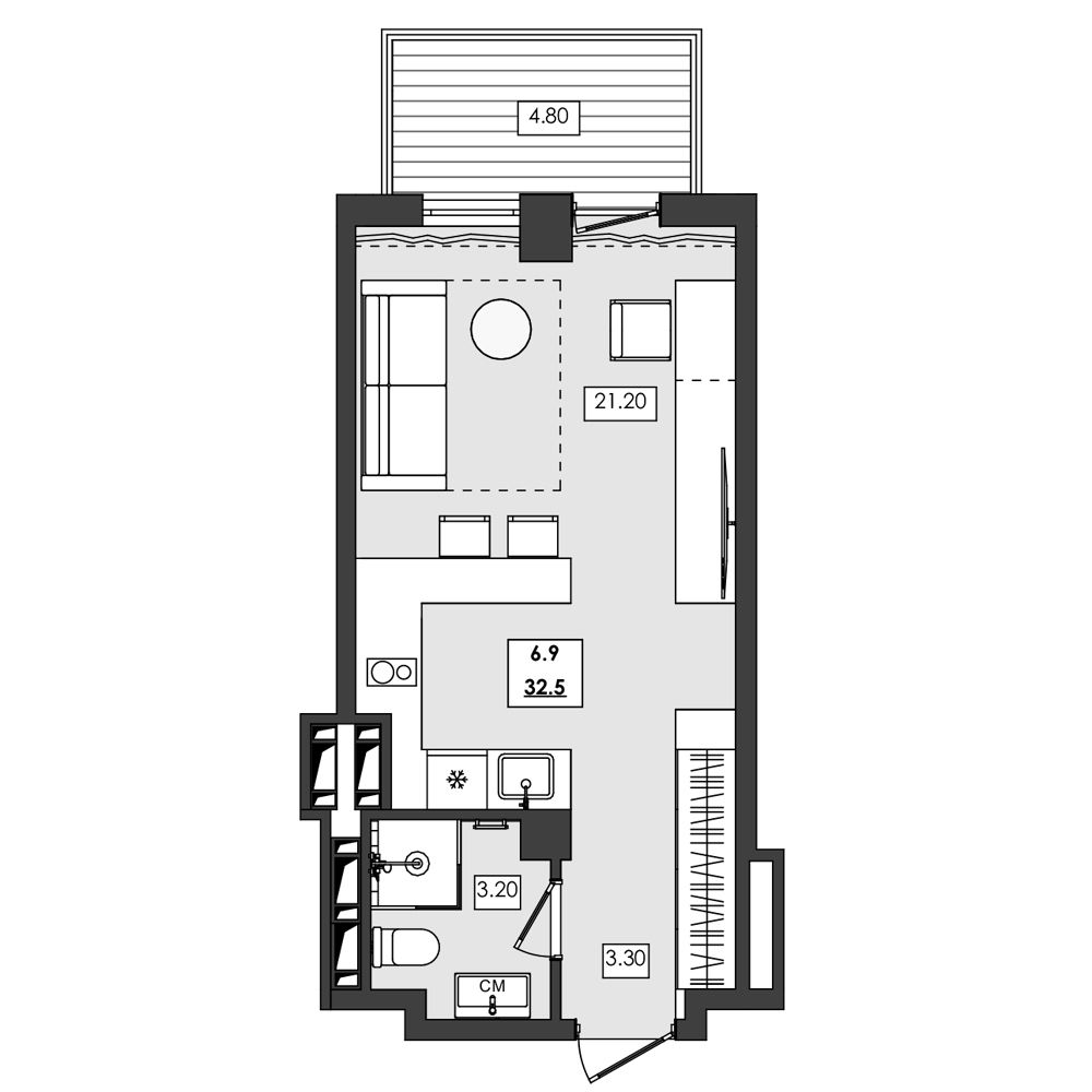 Планировка: Апартаменты · 32,5 м²