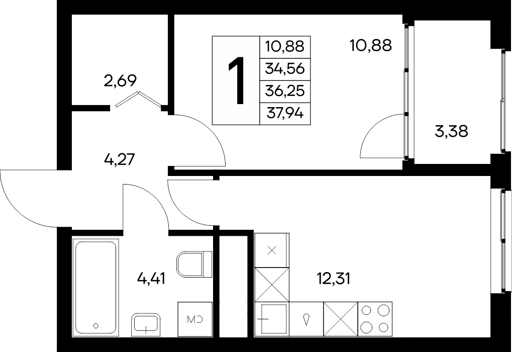 Планировка: 1-комнатная · 37,94 м²