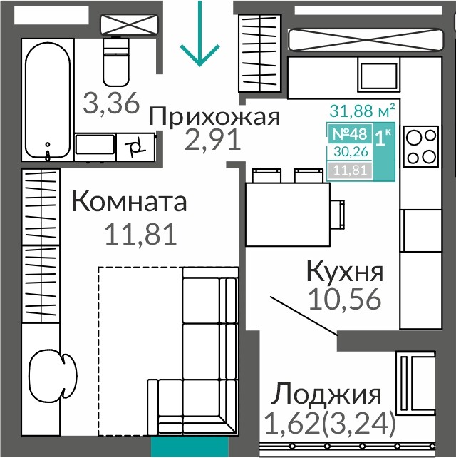 Планировка: 1-комнатная · 30,26 м²