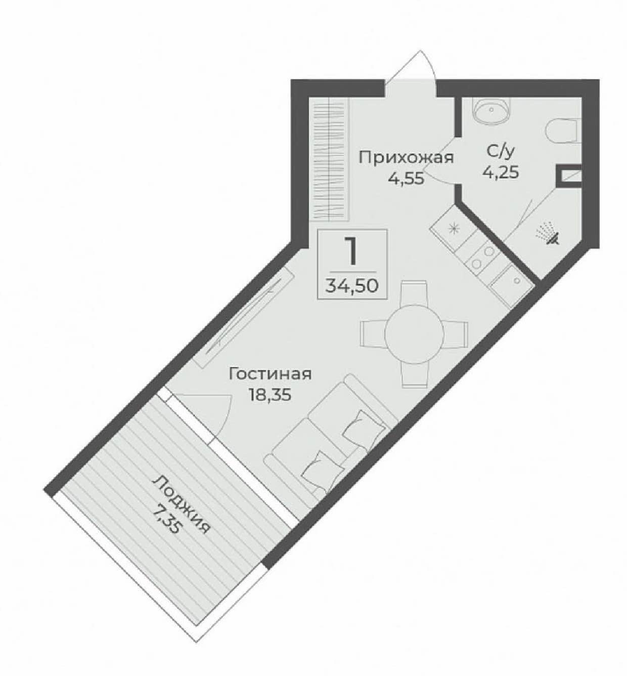 Планировка: 1-комнатная · 34,5 м²
