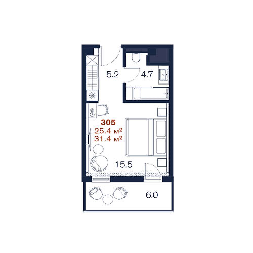 Планировка: Студия · 31,4 м²