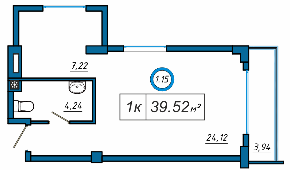 Планировка: 2-комнатная · 39,52 м²