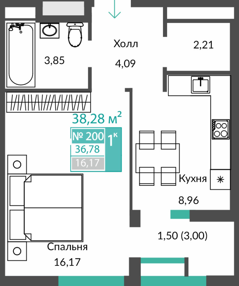 Планировка: 1-комнатная · 36,78 м²