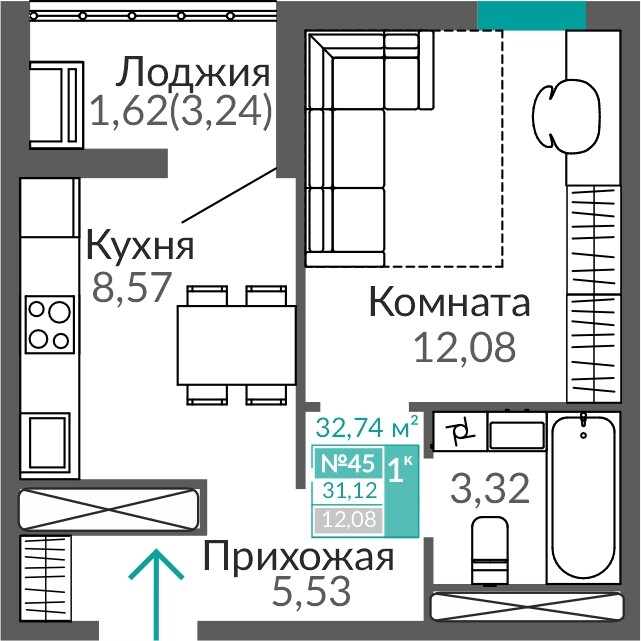 Планировка: 1-комнатная · 31,12 м²