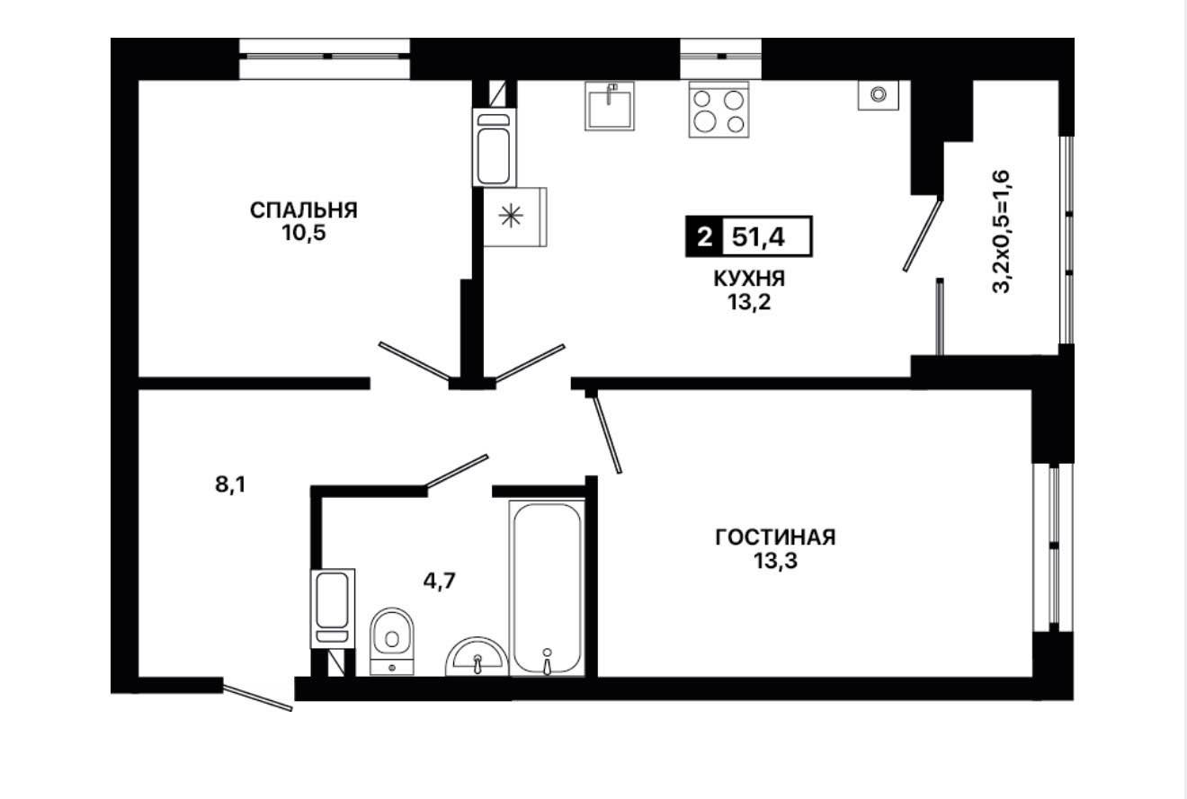 Планировка: 2-комнатная · 51,4 м²