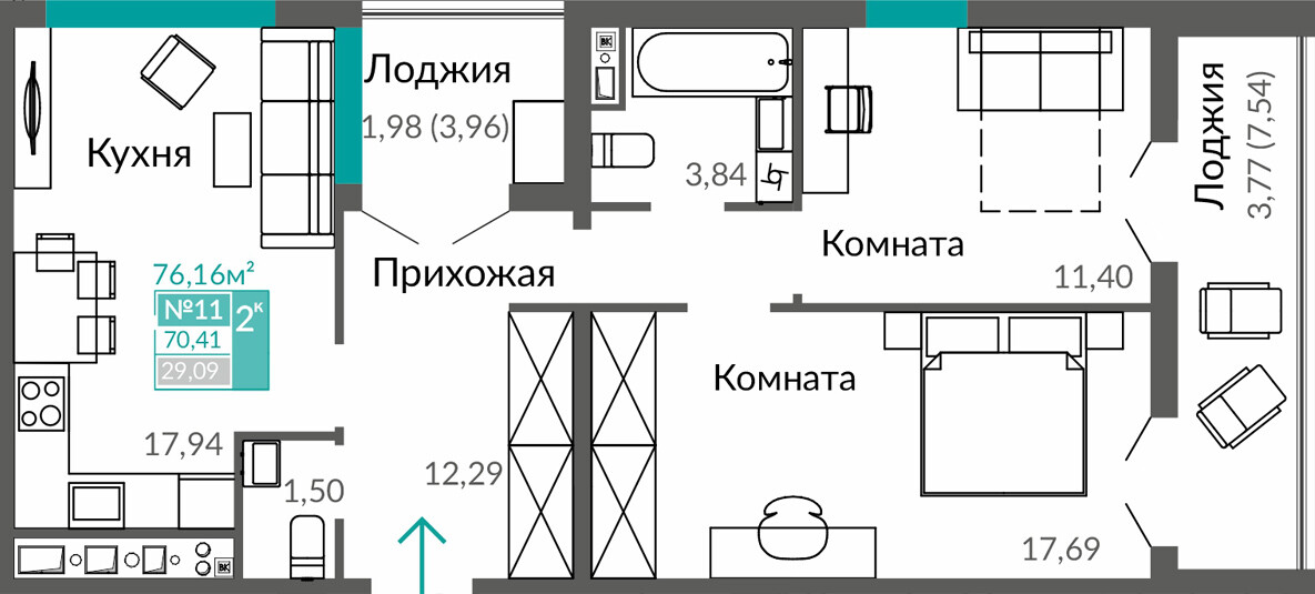 Планировка: 2-комнатная · 68,85 м²