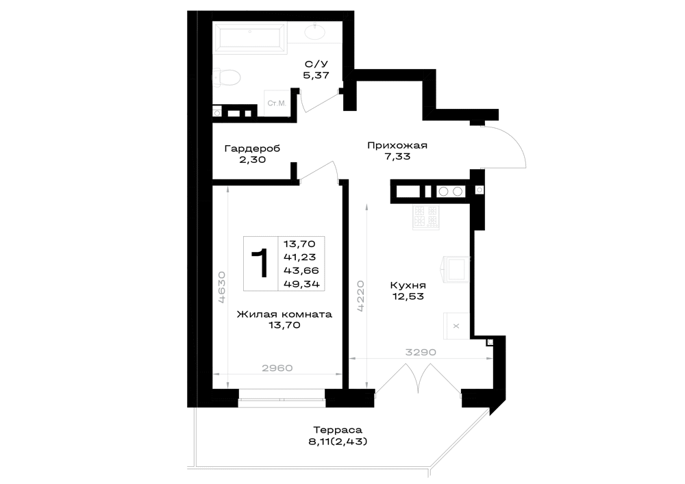 Планировка: 1-комнатная · 43,66 м²