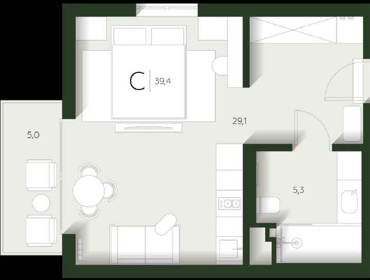 Планировка: Студия · 39,4 м²