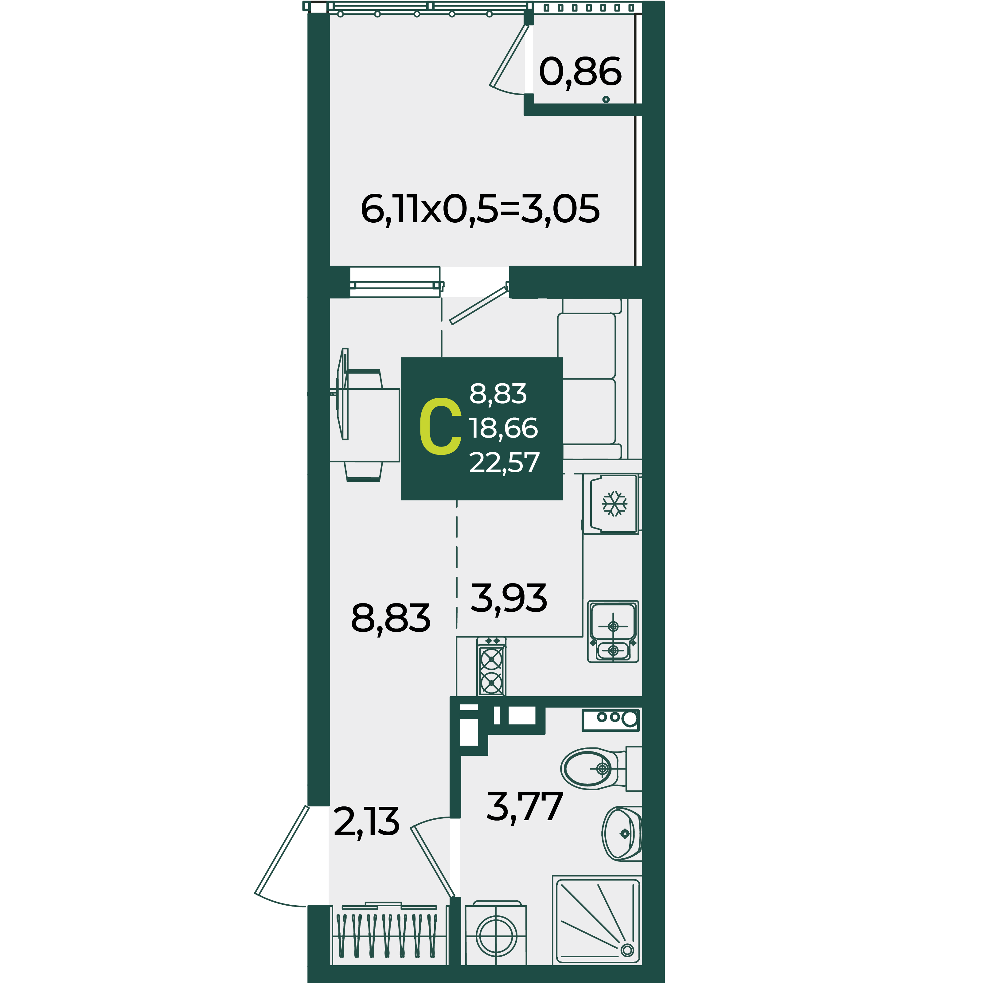 Планировка: Студия · 22,57 м²