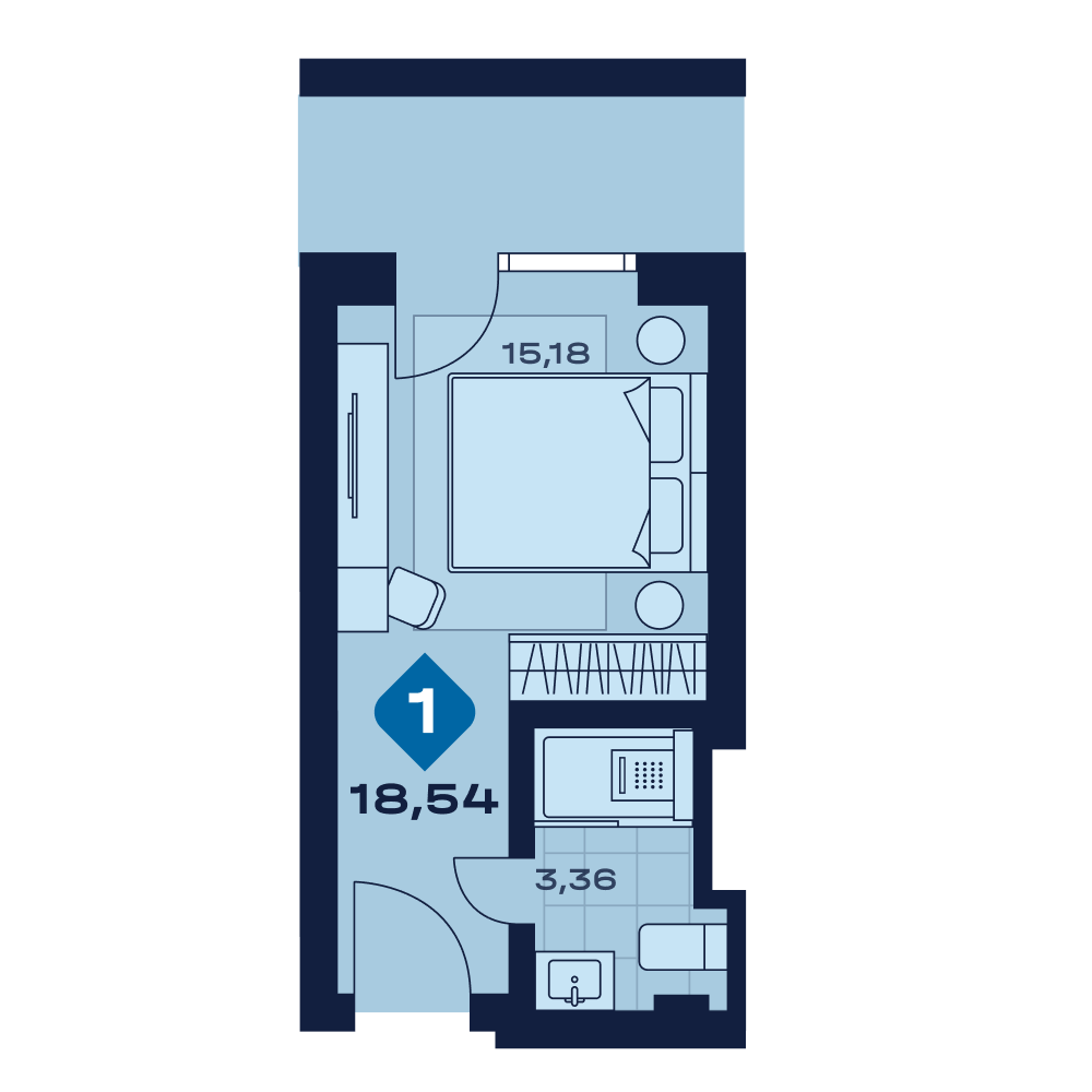 Планировка: 1-комнатная · 18,54 м²