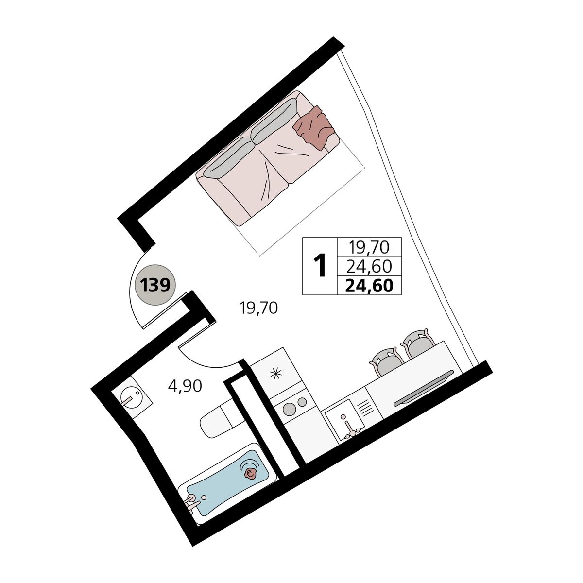 Планировка: 1-комнатная · 24,6 м²