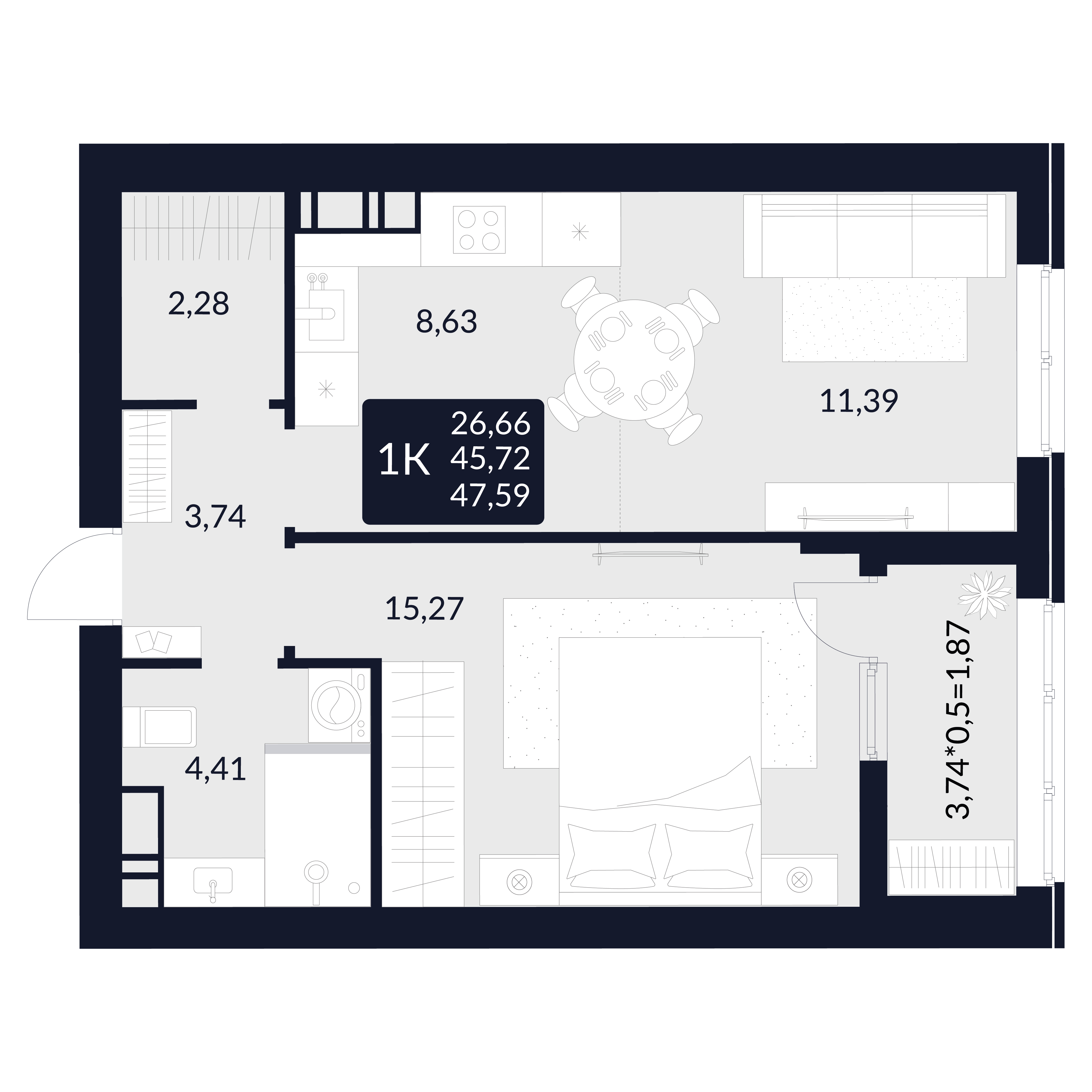 Планировка: 1-комнатная · 47,59 м²