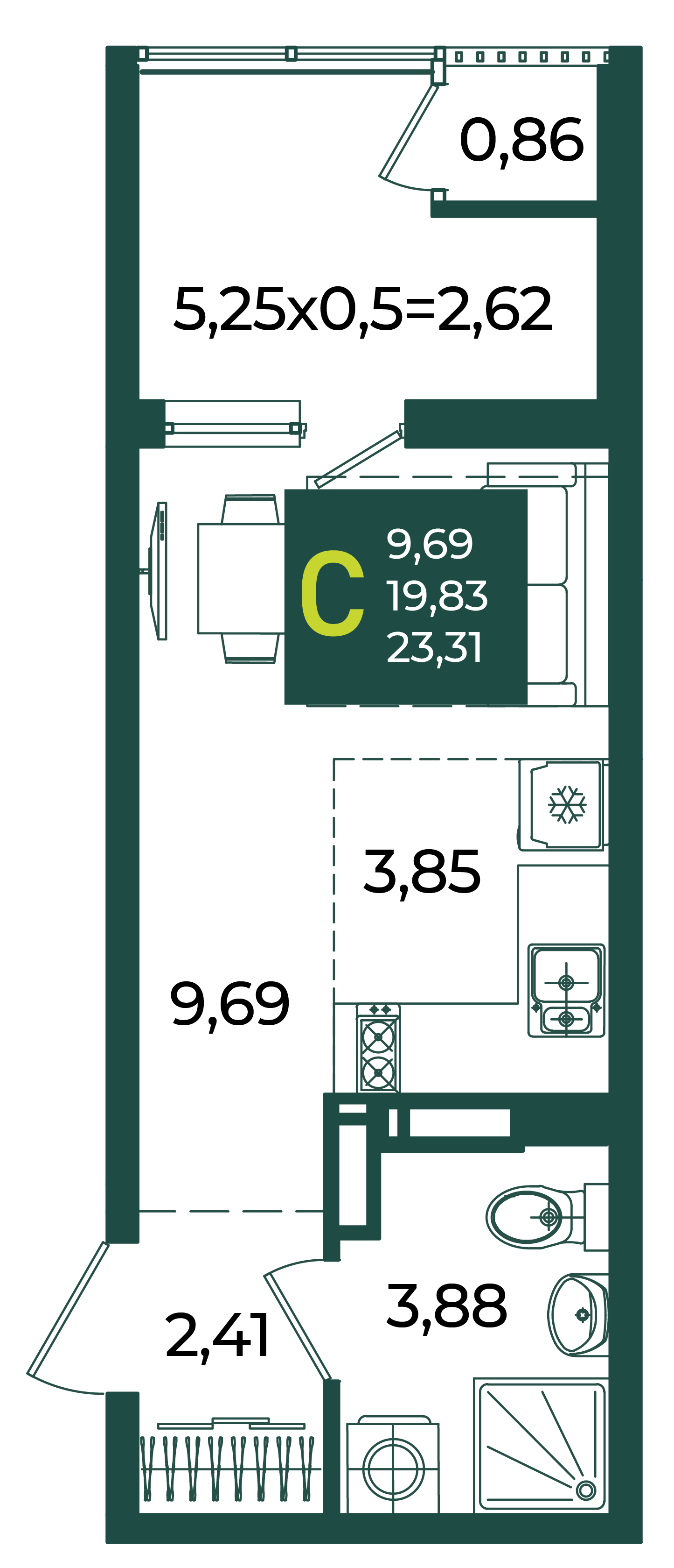 Планировка: Студия · 23,31 м²